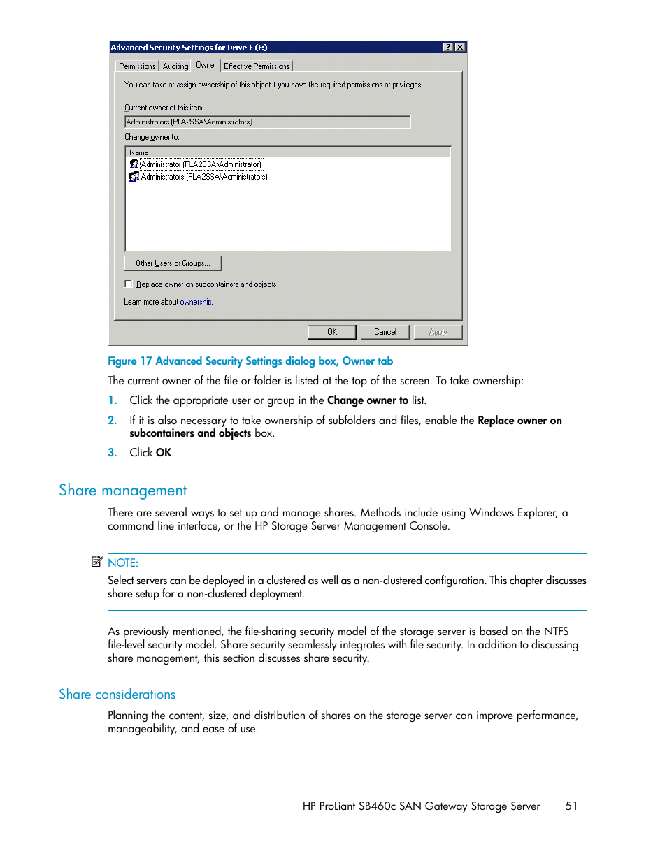 Share management, Share considerations, Advanced security settings dialog box, owner tab | HP ProLiant SB460c SAN Gateway Storage Server User Manual | Page 51 / 132