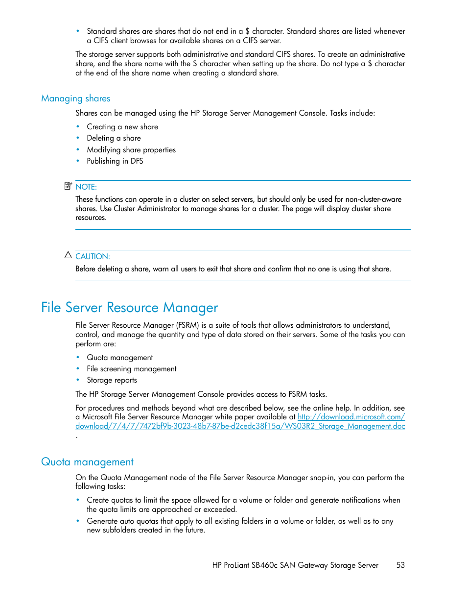 Managing shares, File server resource manager, Quota management | HP ProLiant SB460c SAN Gateway Storage Server User Manual | Page 53 / 132