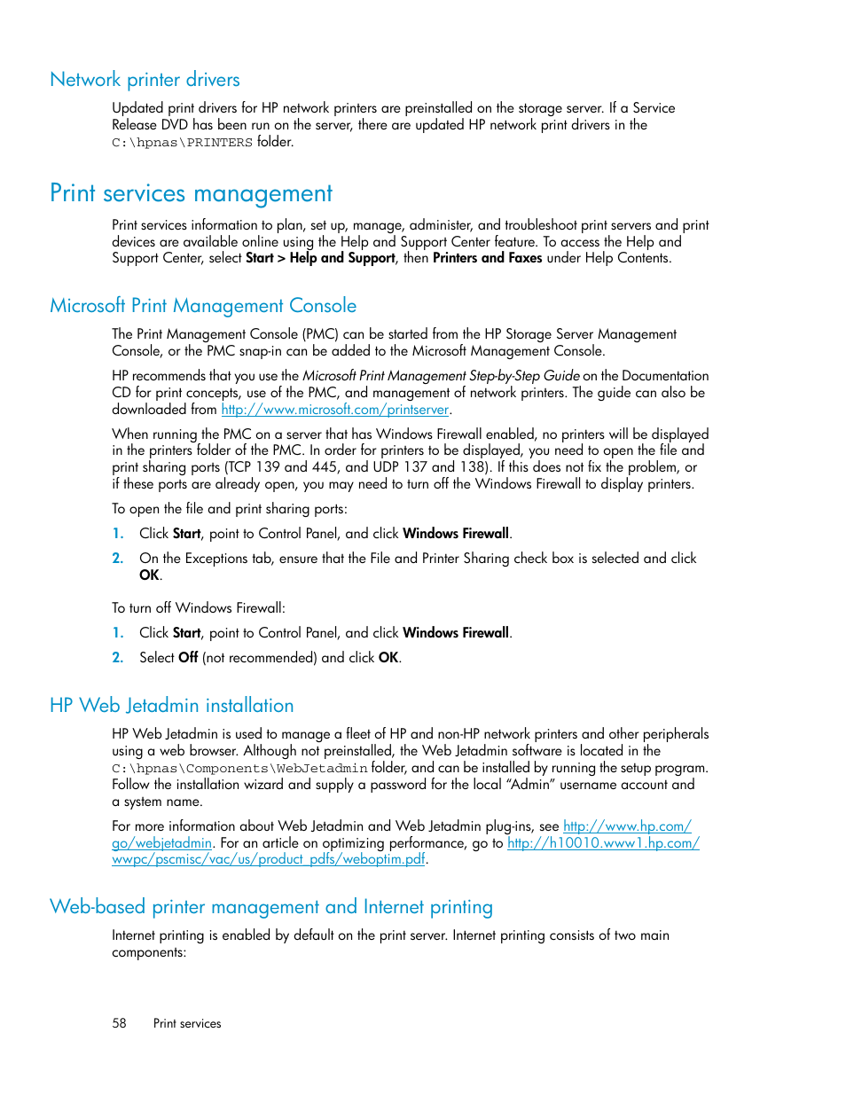 Network printer drivers, Print services management, Microsoft print management console | Hp web jetadmin installation, Web-based printer management and internet printing, 58 hp web jetadmin installation | HP ProLiant SB460c SAN Gateway Storage Server User Manual | Page 58 / 132