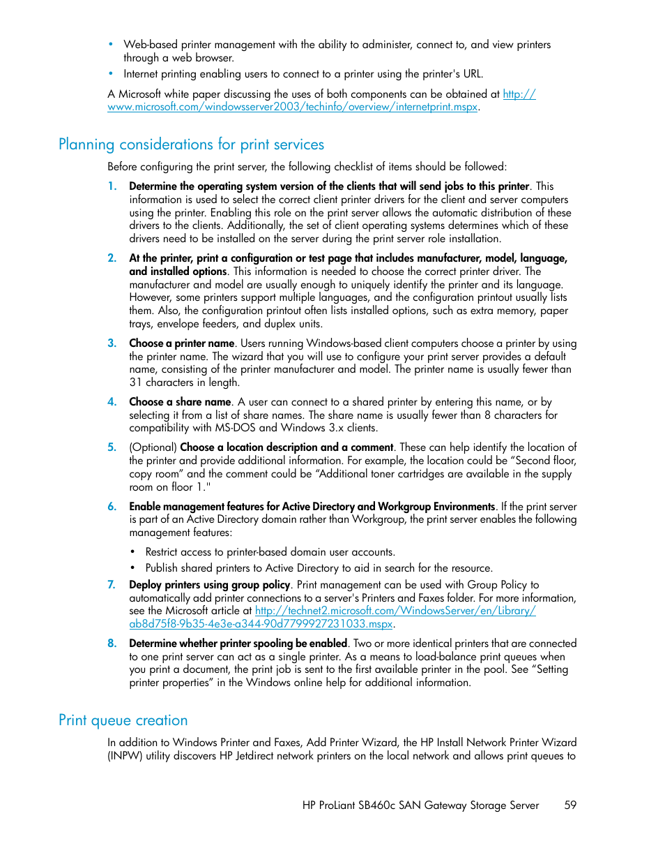 Planning considerations for print services, Print queue creation, 59 print queue creation | HP ProLiant SB460c SAN Gateway Storage Server User Manual | Page 59 / 132