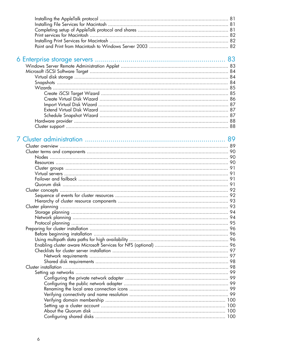 6 enterprise storage servers, 7 cluster administration | HP ProLiant SB460c SAN Gateway Storage Server User Manual | Page 6 / 132