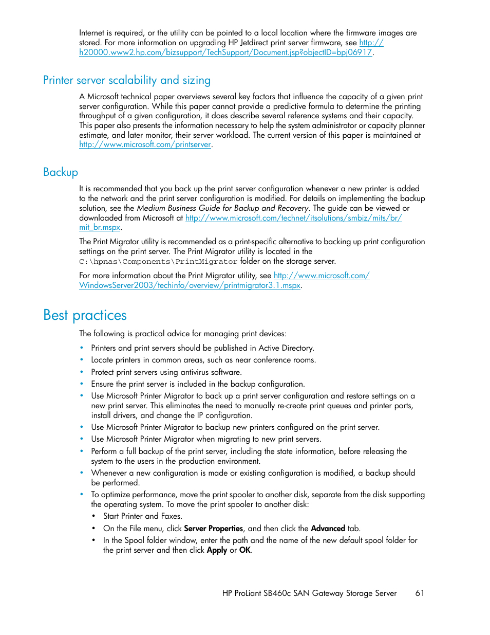 Printer server scalability and sizing, Backup, Best practices | 61 backup | HP ProLiant SB460c SAN Gateway Storage Server User Manual | Page 61 / 132