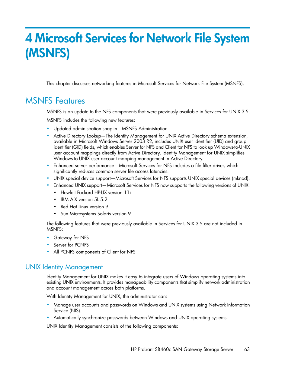 Msnfs features, Unix identity management | HP ProLiant SB460c SAN Gateway Storage Server User Manual | Page 63 / 132