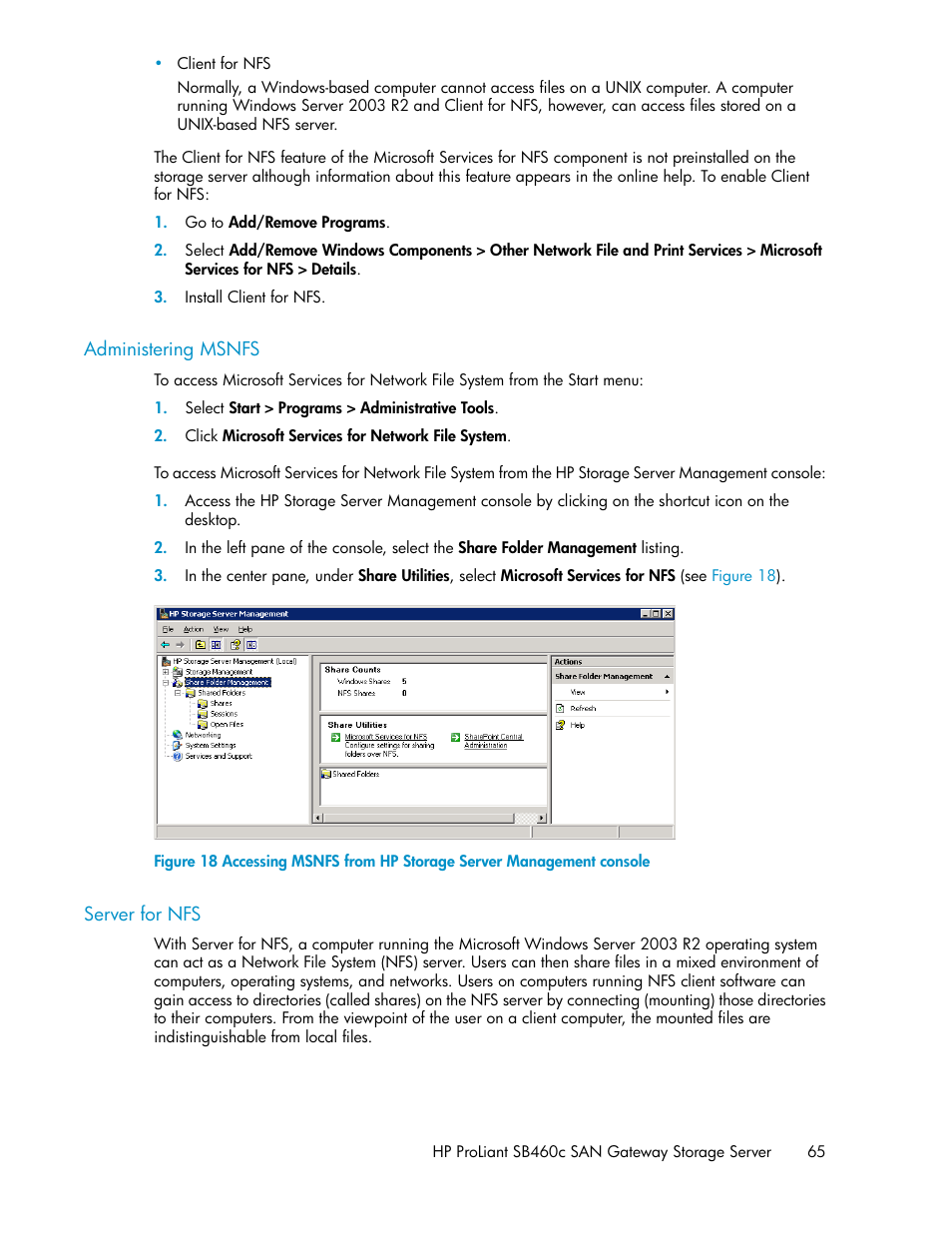 Administering msnfs, Server for nfs, 65 server for nfs | HP ProLiant SB460c SAN Gateway Storage Server User Manual | Page 65 / 132