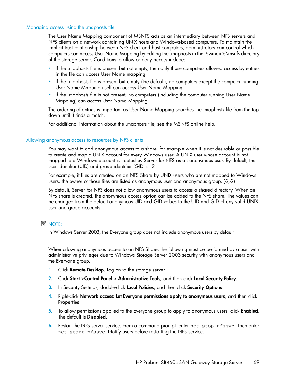 Managing access using the .maphosts file | HP ProLiant SB460c SAN Gateway Storage Server User Manual | Page 69 / 132