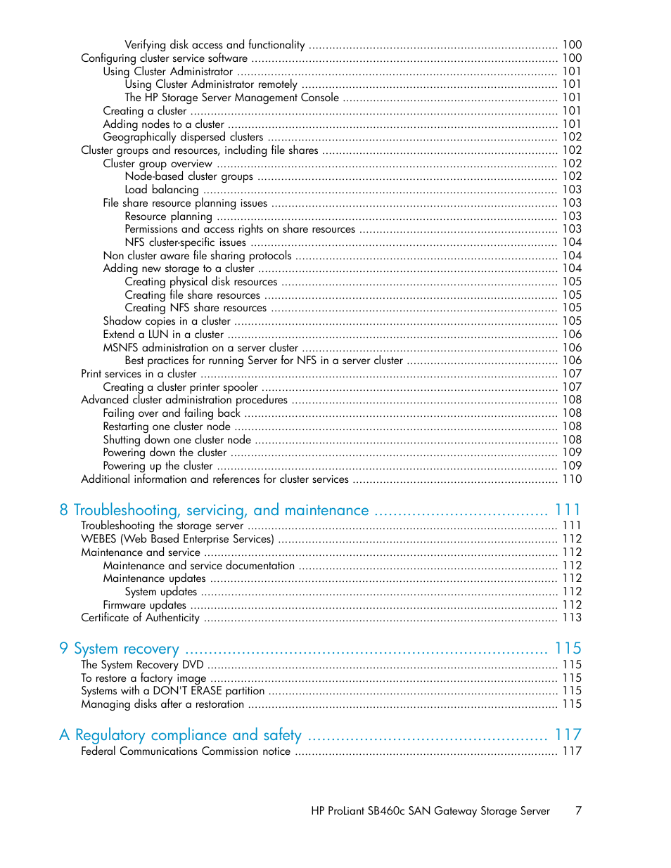 8 troubleshooting, servicing, and maintenance, 9 system recovery, A regulatory compliance and safety | HP ProLiant SB460c SAN Gateway Storage Server User Manual | Page 7 / 132