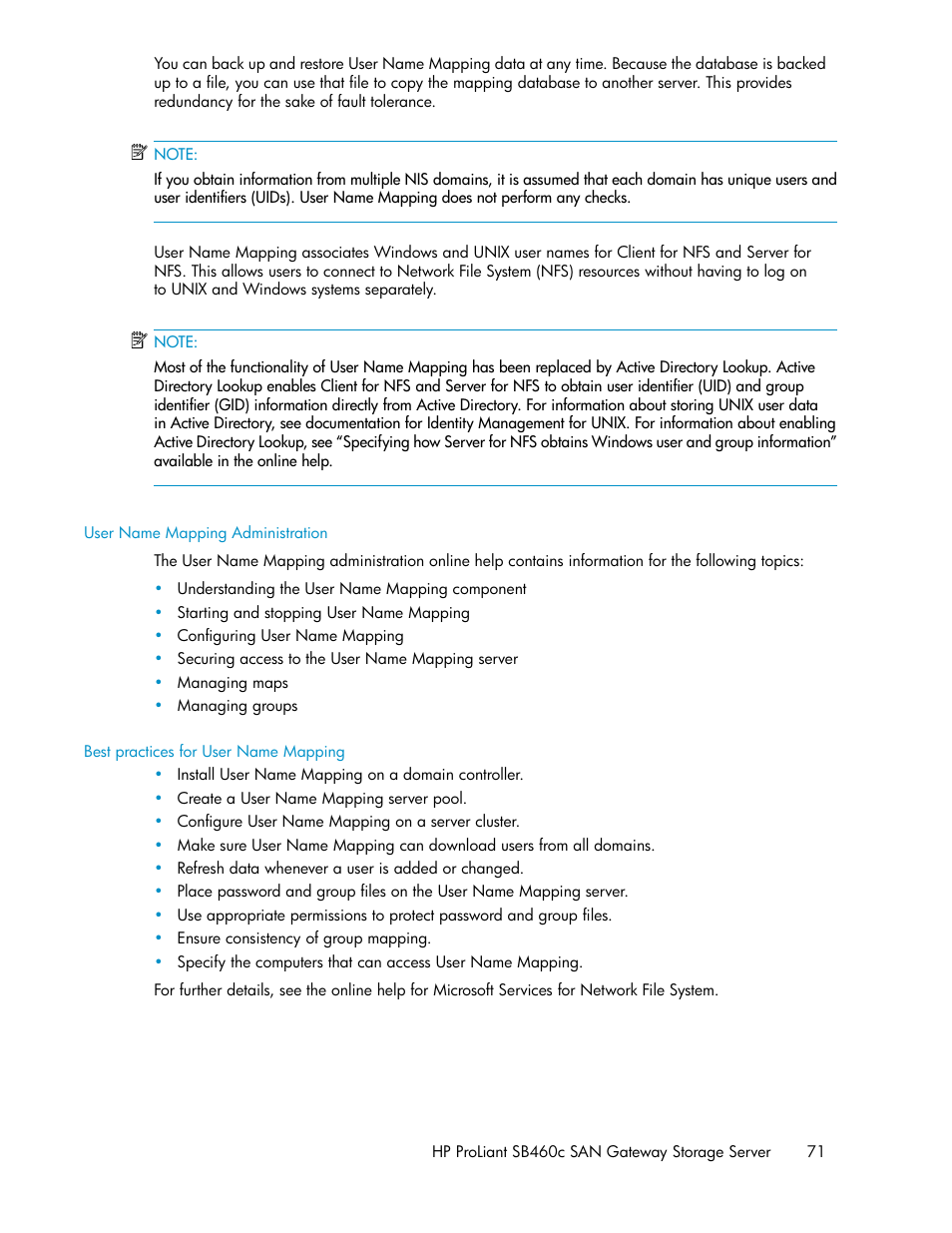 User name mapping administration, Best practices for user name mapping | HP ProLiant SB460c SAN Gateway Storage Server User Manual | Page 71 / 132