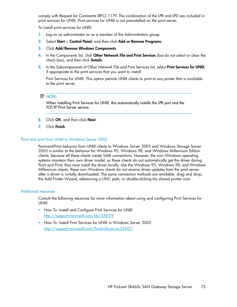 Point and print from unix to windows server 2003, Additional resources | HP ProLiant SB460c SAN Gateway Storage Server User Manual | Page 73 / 132