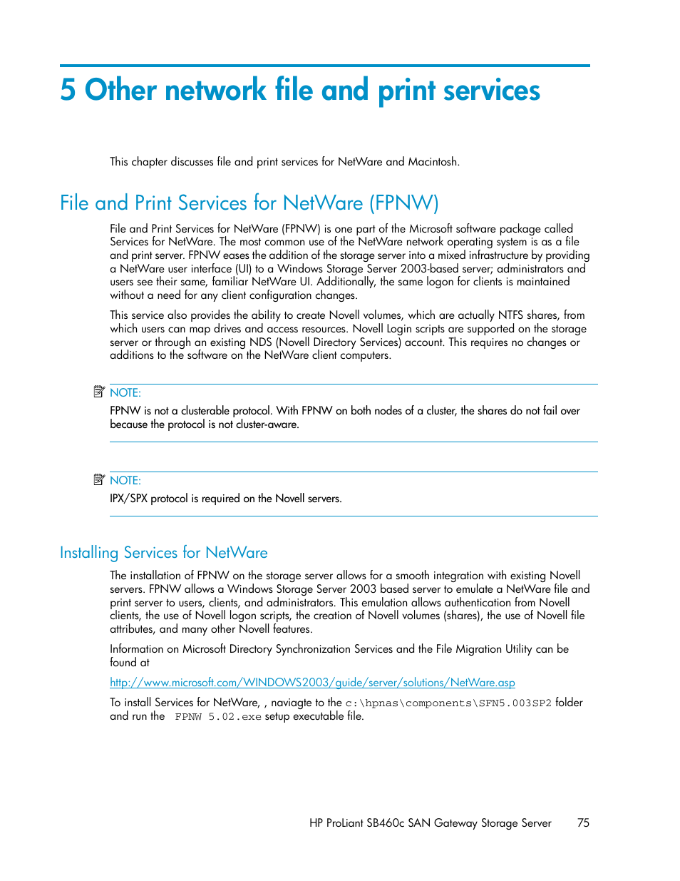5 other network file and print services, File and print services for netware (fpnw), Installing services for netware | HP ProLiant SB460c SAN Gateway Storage Server User Manual | Page 75 / 132