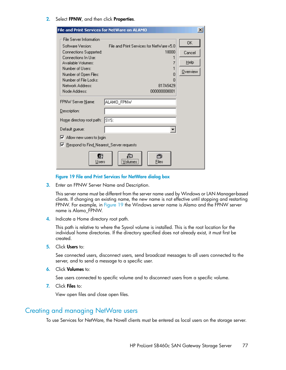 Creating and managing netware users, File and print services for netware dialog box | HP ProLiant SB460c SAN Gateway Storage Server User Manual | Page 77 / 132