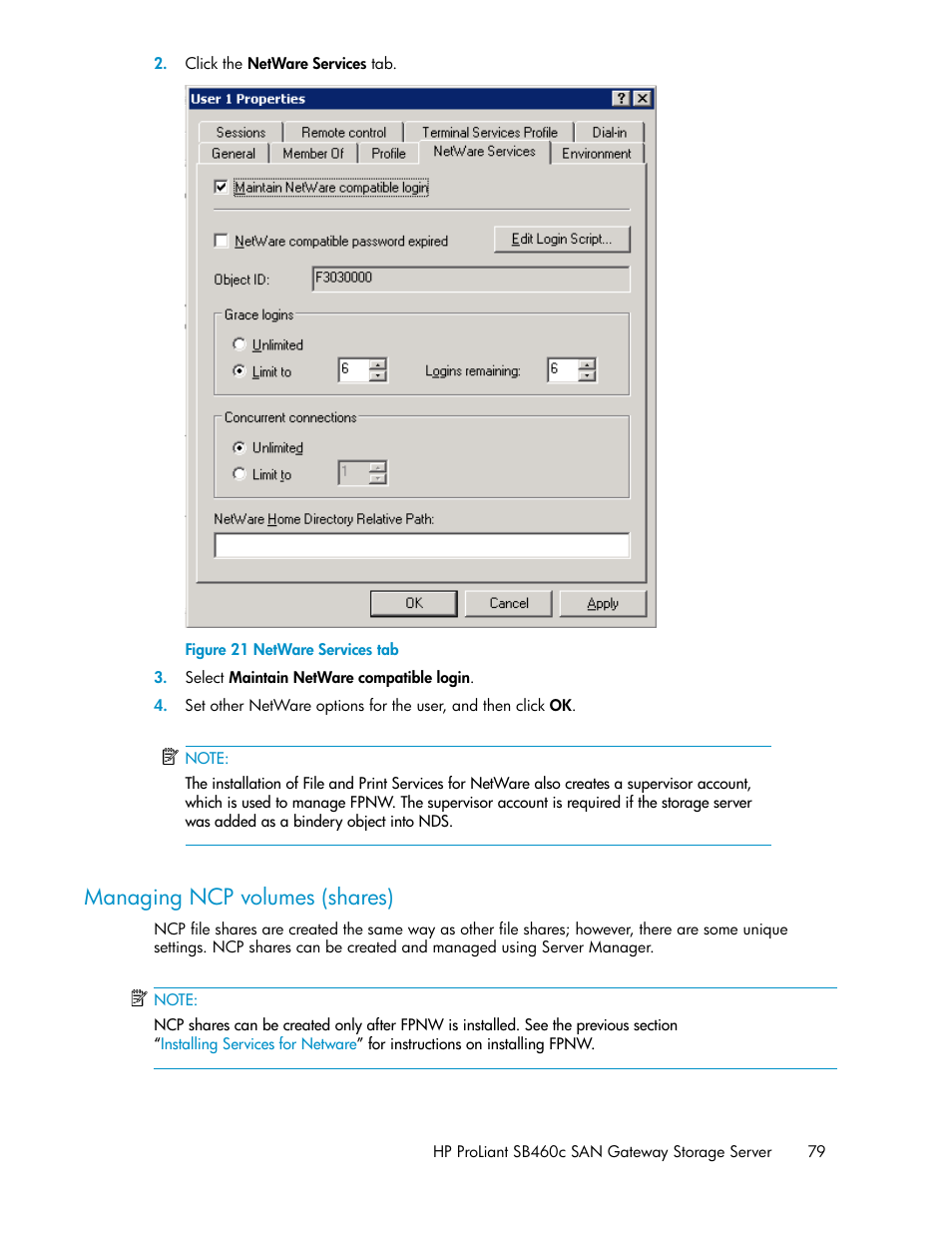 Managing ncp volumes (shares), Netware services tab | HP ProLiant SB460c SAN Gateway Storage Server User Manual | Page 79 / 132