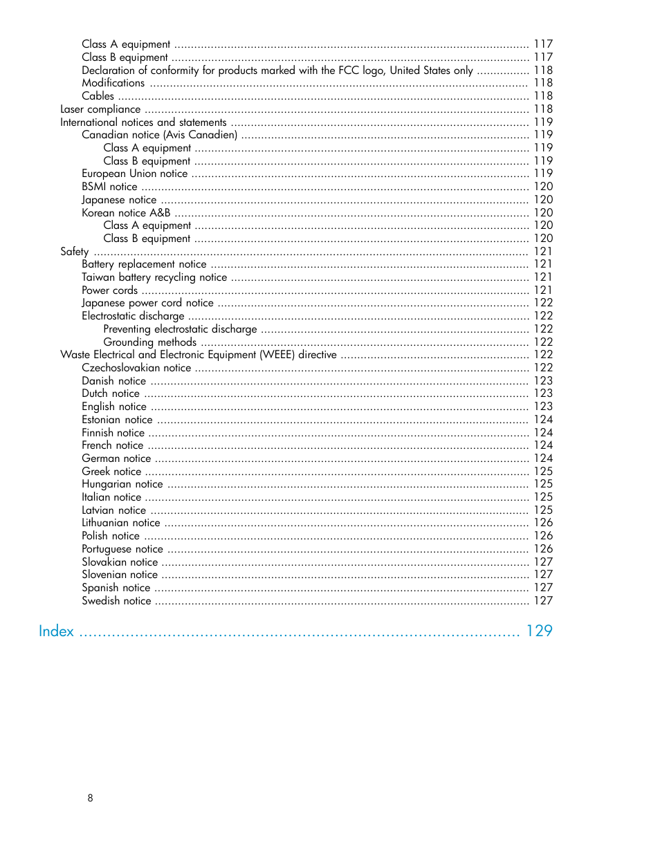 Index | HP ProLiant SB460c SAN Gateway Storage Server User Manual | Page 8 / 132