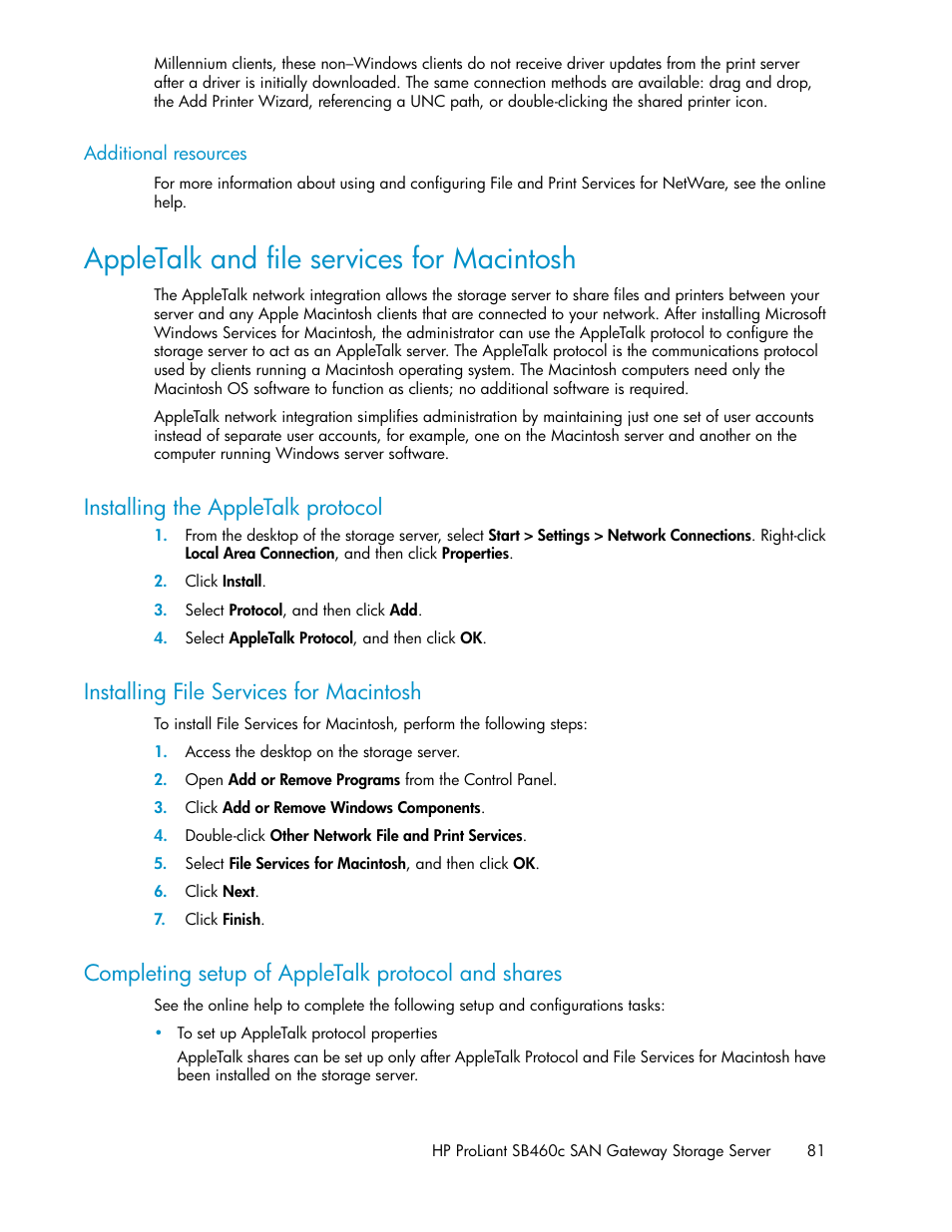 Additional resources, Appletalk and file services for macintosh, Installing the appletalk protocol | Installing file services for macintosh, Completing setup of appletalk protocol and shares, 81 installing file services for macintosh | HP ProLiant SB460c SAN Gateway Storage Server User Manual | Page 81 / 132