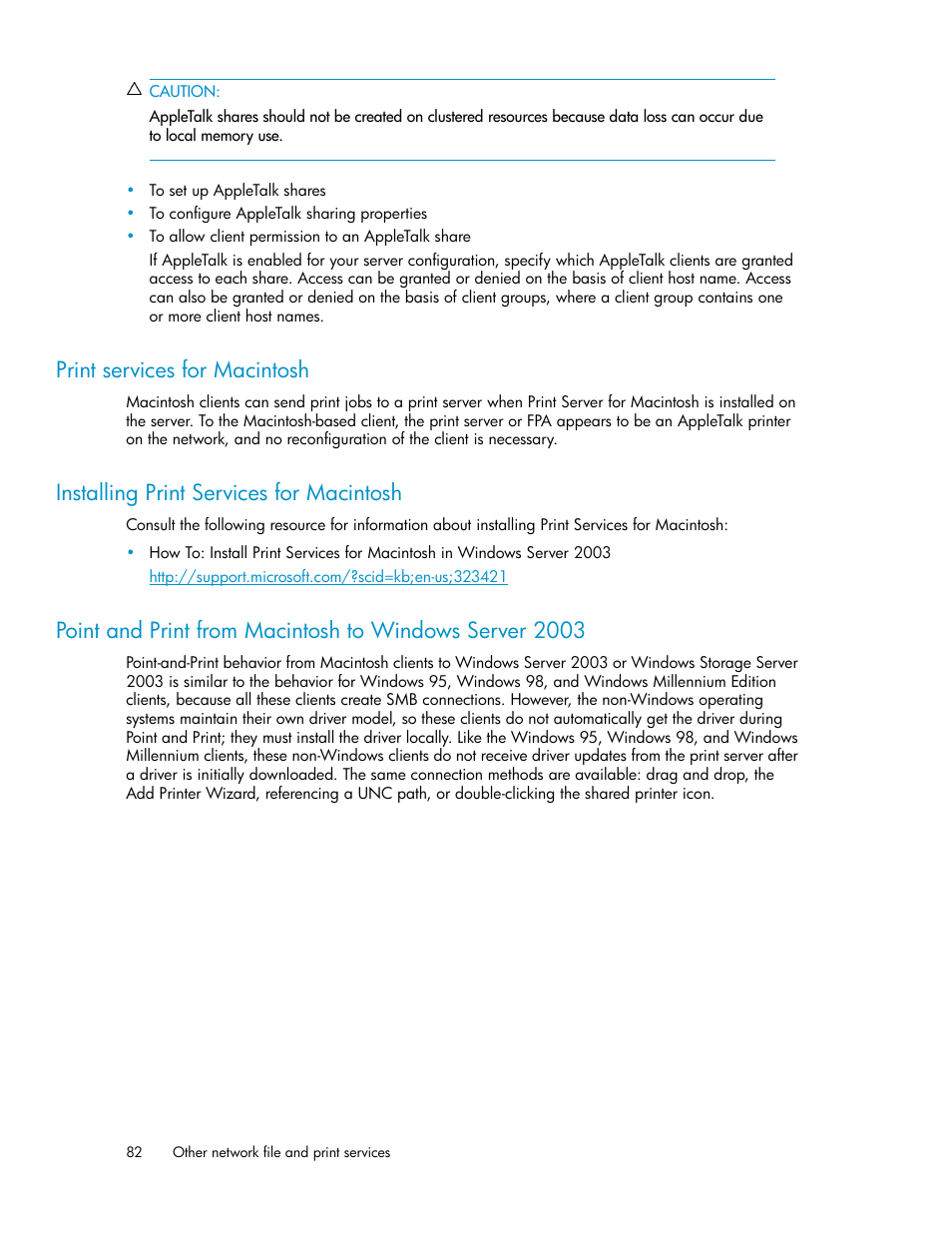 Print services for macintosh, Installing print services for macintosh, 82 installing print services for macintosh | HP ProLiant SB460c SAN Gateway Storage Server User Manual | Page 82 / 132