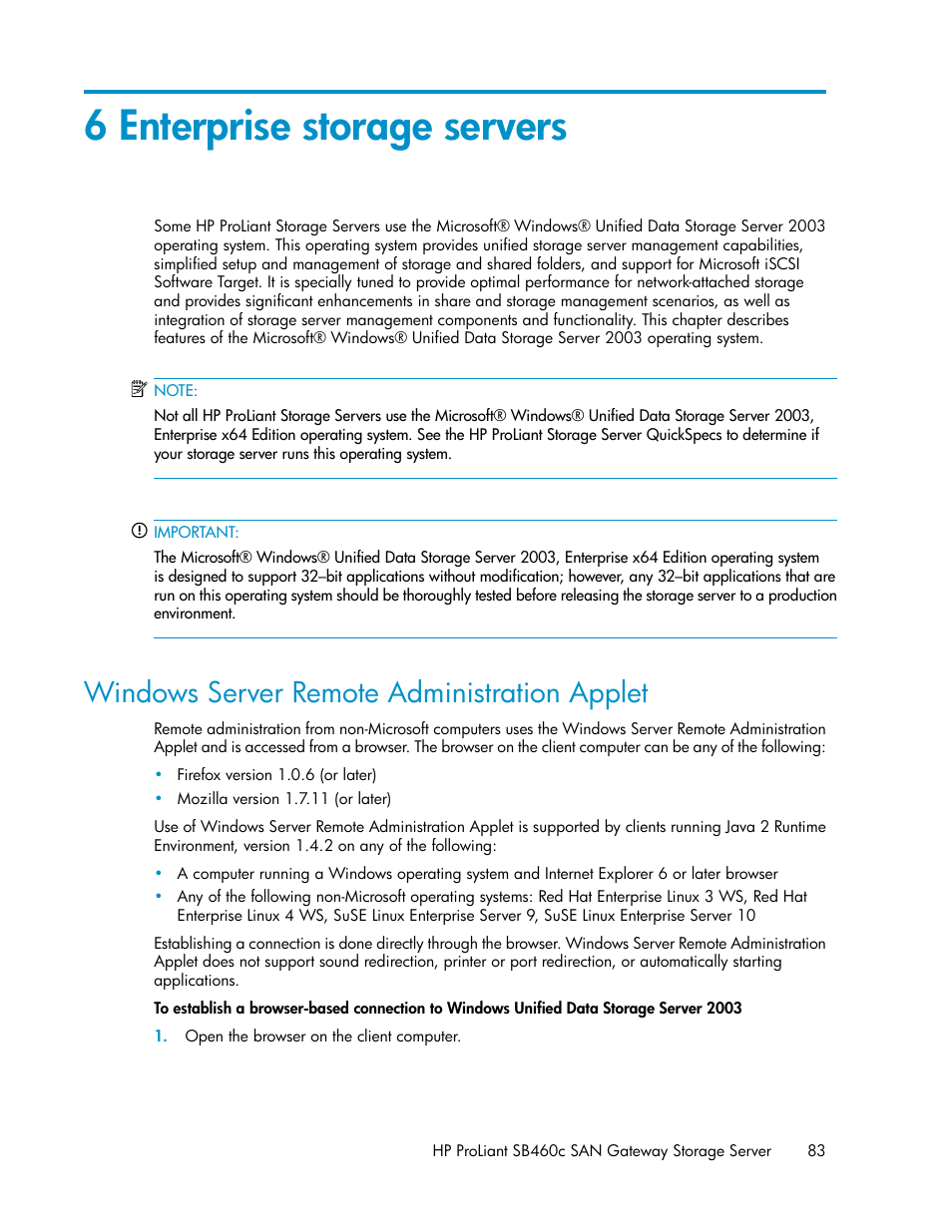 6 enterprise storage servers, Windows server remote administration applet | HP ProLiant SB460c SAN Gateway Storage Server User Manual | Page 83 / 132