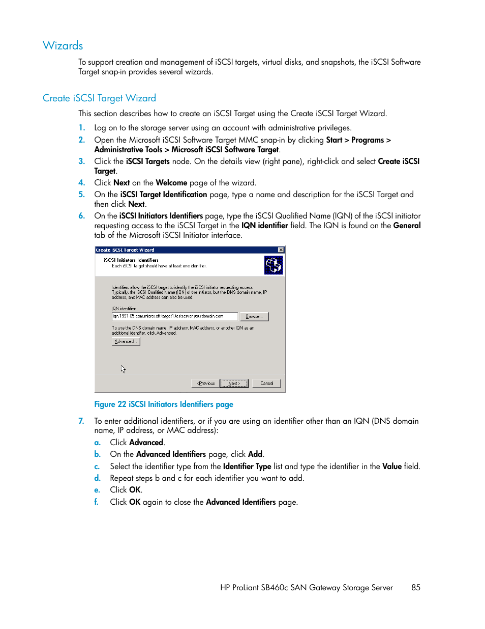 Wizards, Create iscsi target wizard | HP ProLiant SB460c SAN Gateway Storage Server User Manual | Page 85 / 132