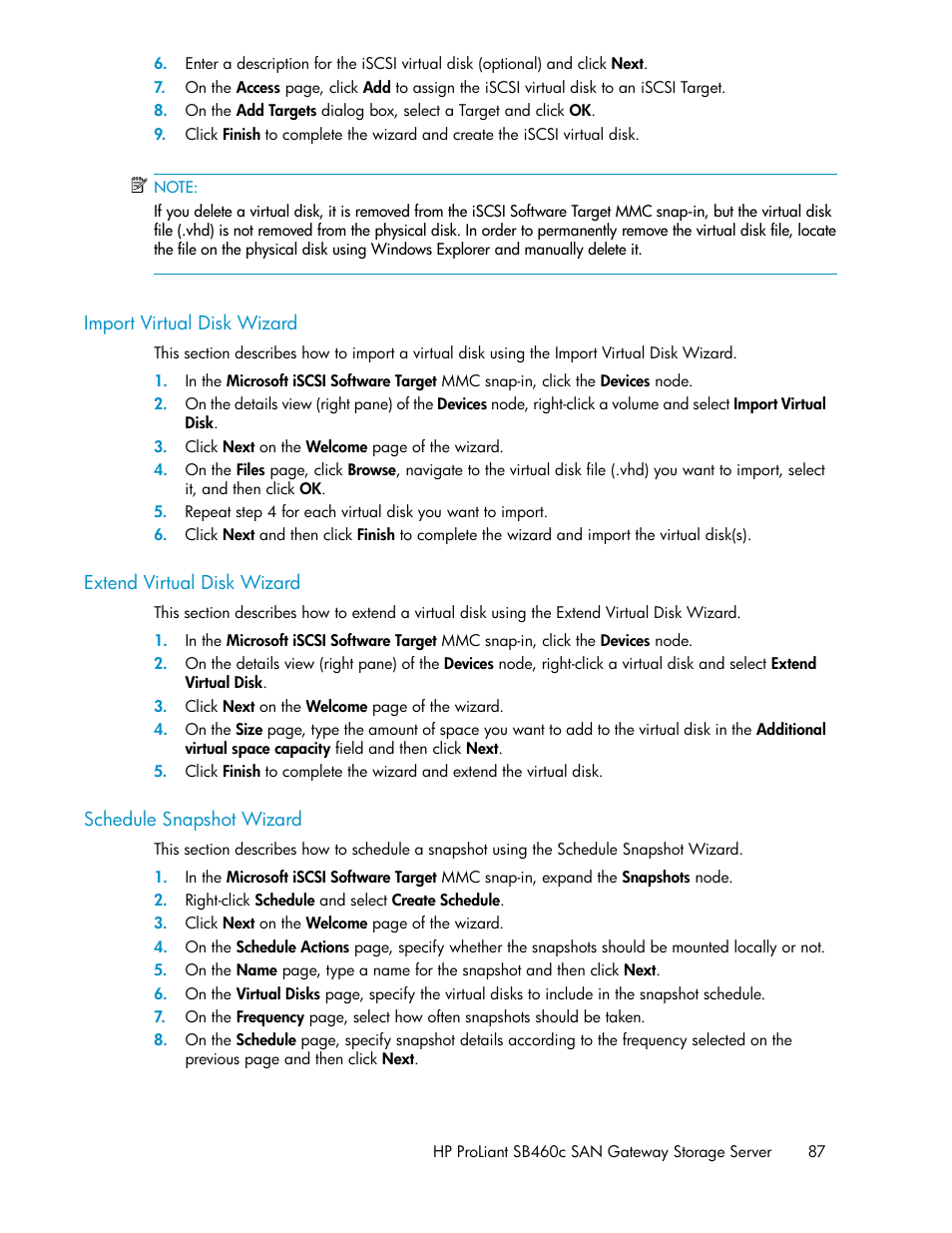 Import virtual disk wizard, Extend virtual disk wizard, Schedule snapshot wizard | 87 extend virtual disk wizard, 87 schedule snapshot wizard | HP ProLiant SB460c SAN Gateway Storage Server User Manual | Page 87 / 132