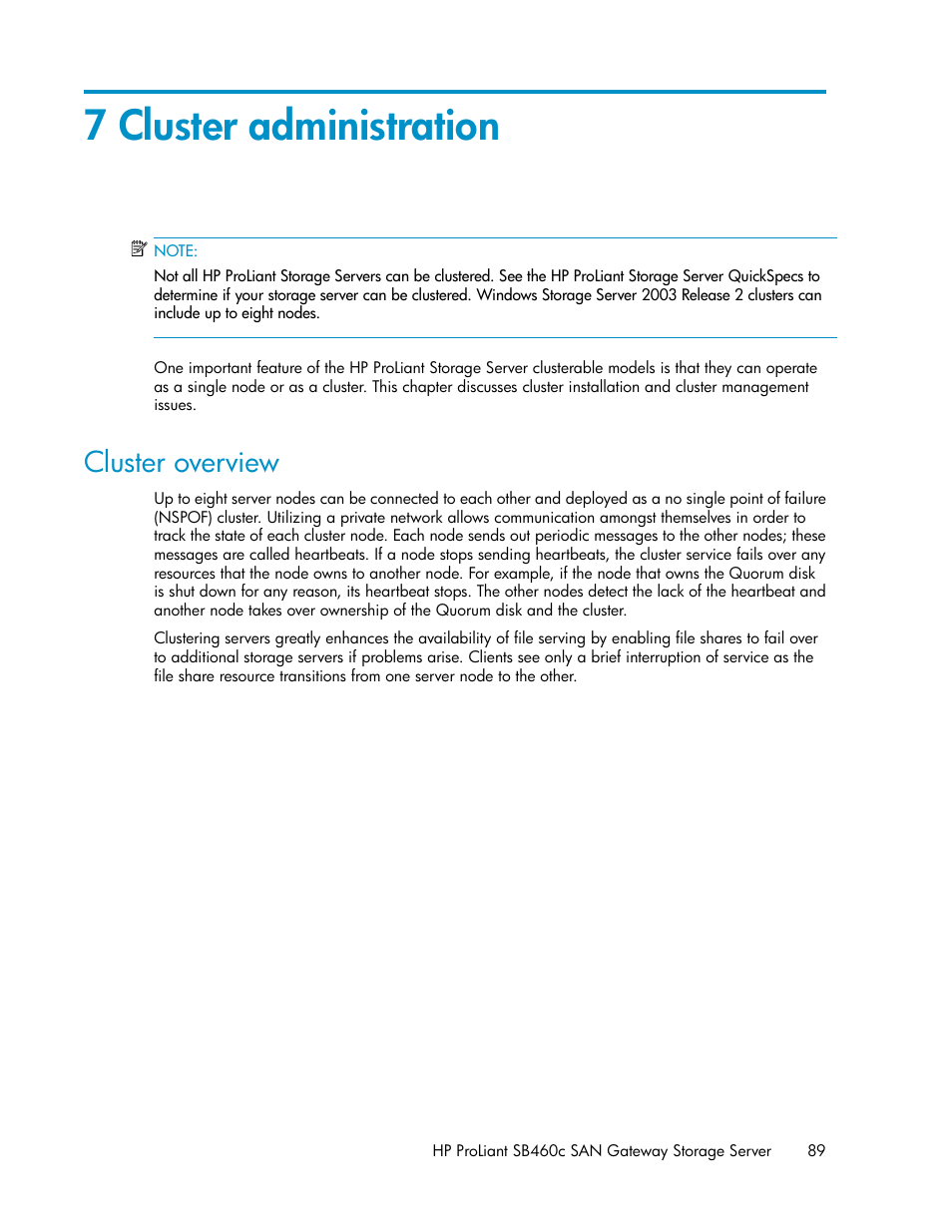 7 cluster administration, Cluster overview | HP ProLiant SB460c SAN Gateway Storage Server User Manual | Page 89 / 132