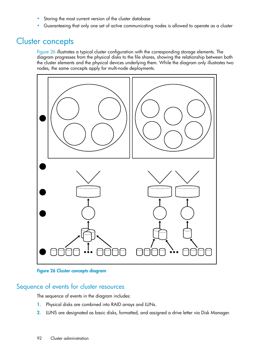 Cluster concepts, Sequence of events for cluster resources, Cluster concepts diagram | Node 1, Node 2, Figure 26 cluster concepts diagram | HP ProLiant SB460c SAN Gateway Storage Server User Manual | Page 92 / 132