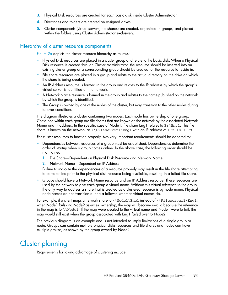 Hierarchy of cluster resource components, Cluster planning | HP ProLiant SB460c SAN Gateway Storage Server User Manual | Page 93 / 132