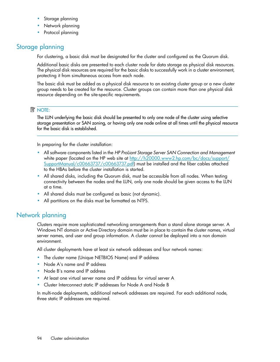 Storage planning, Network planning, 94 network planning | HP ProLiant SB460c SAN Gateway Storage Server User Manual | Page 94 / 132