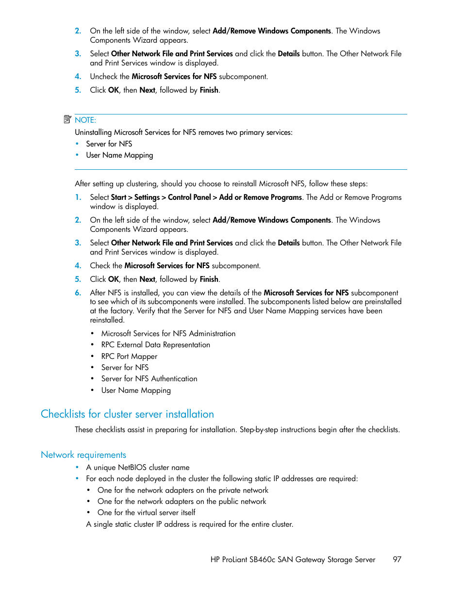 Checklists for cluster server installation, Network requirements | HP ProLiant SB460c SAN Gateway Storage Server User Manual | Page 97 / 132