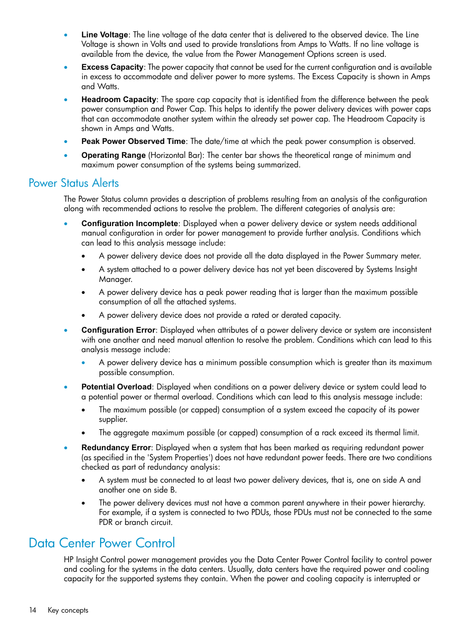 Power status alerts, Data center power control | HP Insight Control Software for Linux User Manual | Page 14 / 86