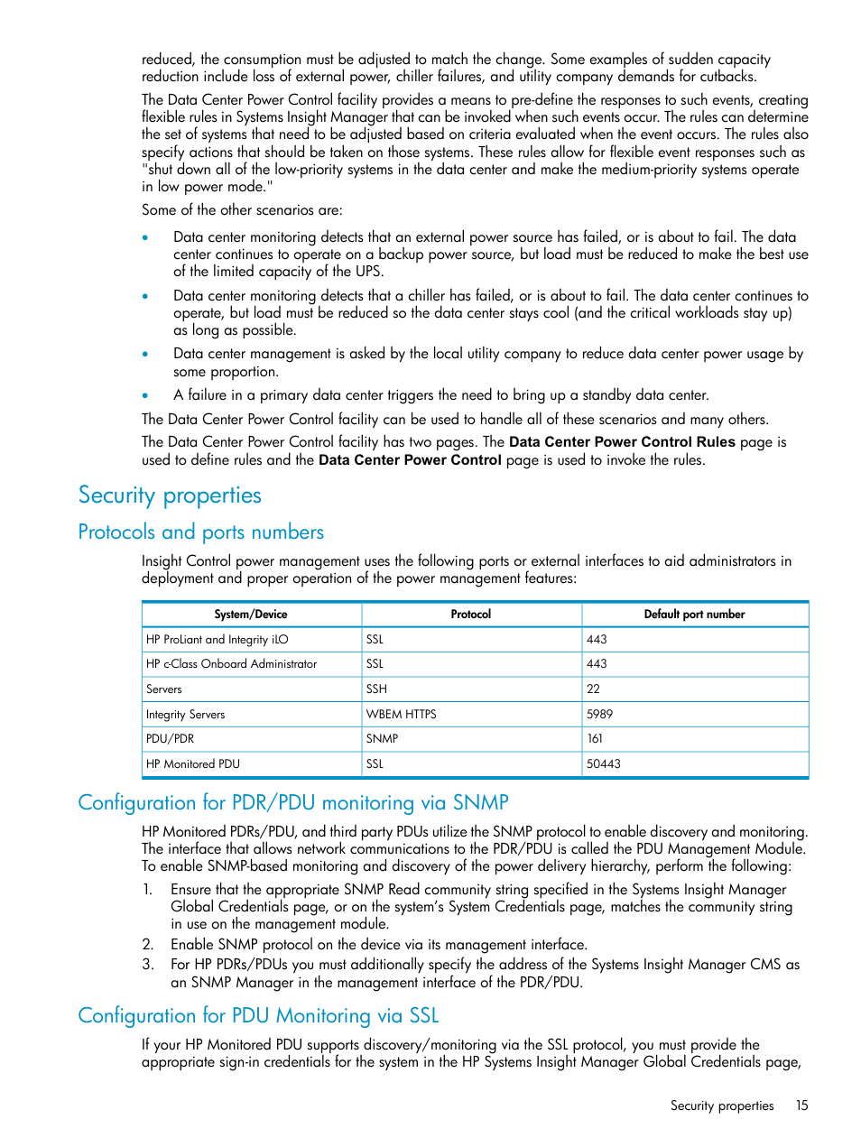 Security properties, Protocols and ports numbers, Configuration for pdr/pdu monitoring via snmp | Configuration for pdu monitoring via ssl | HP Insight Control Software for Linux User Manual | Page 15 / 86