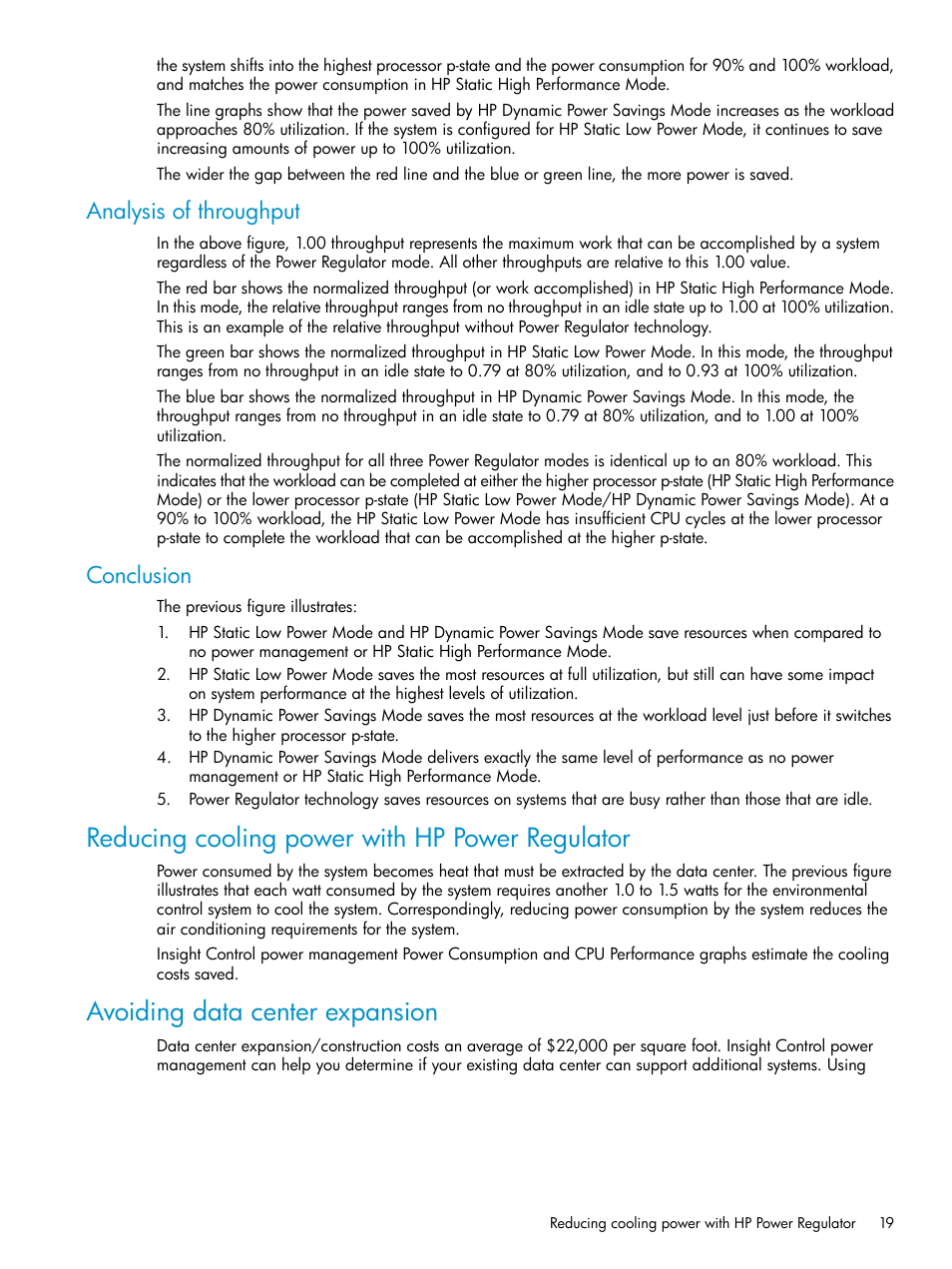 Analysis of throughput, Conclusion, Reducing cooling power with hp power regulator | Avoiding data center expansion | HP Insight Control Software for Linux User Manual | Page 19 / 86