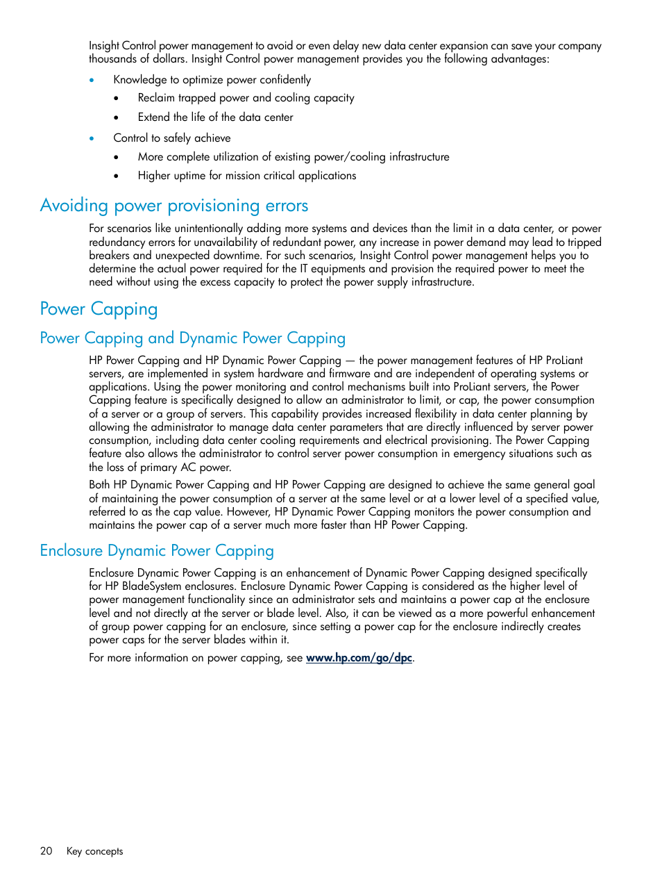 Avoiding power provisioning errors, Power capping, Power capping and dynamic power capping | Enclosure dynamic power capping | HP Insight Control Software for Linux User Manual | Page 20 / 86