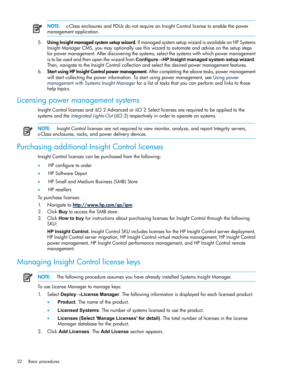 Licensing power management systems, Purchasing additional insight control licenses, Managing insight control license keys | HP Insight Control Software for Linux User Manual | Page 22 / 86