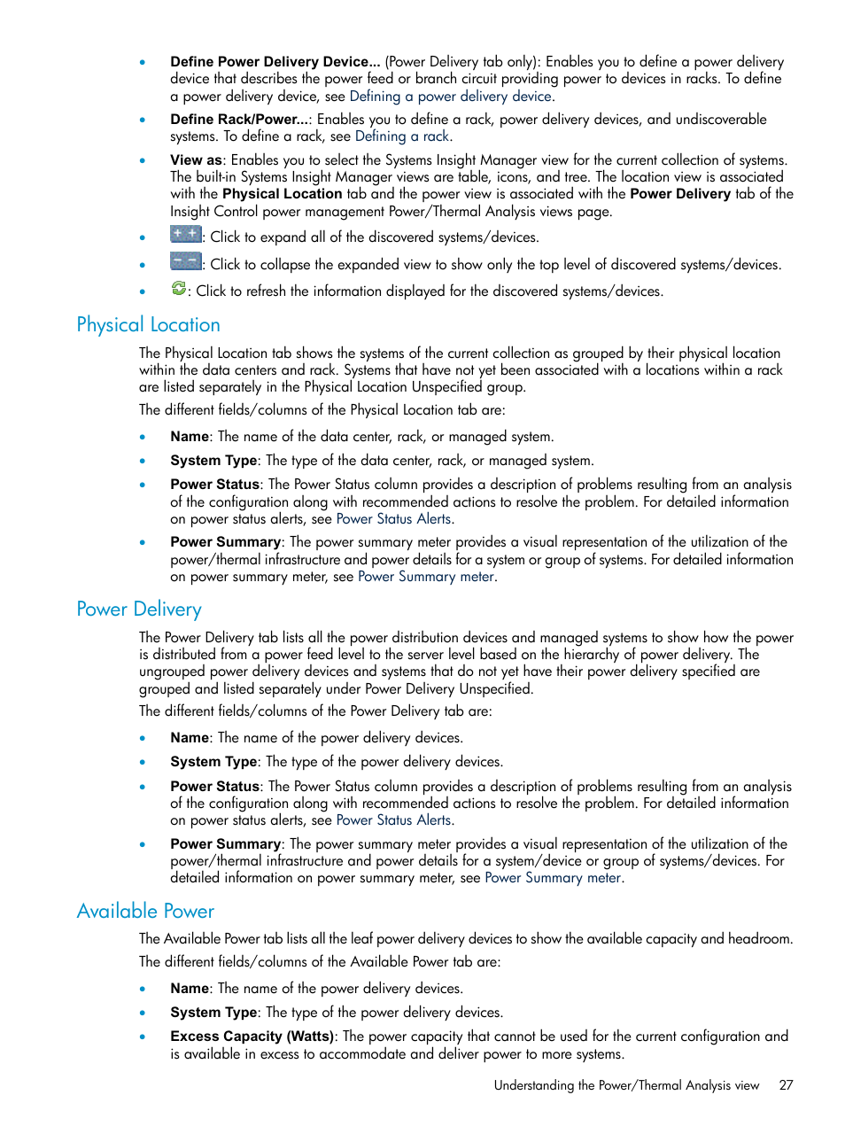 Physical location, Power delivery, Available power | Physical location power delivery available power | HP Insight Control Software for Linux User Manual | Page 27 / 86