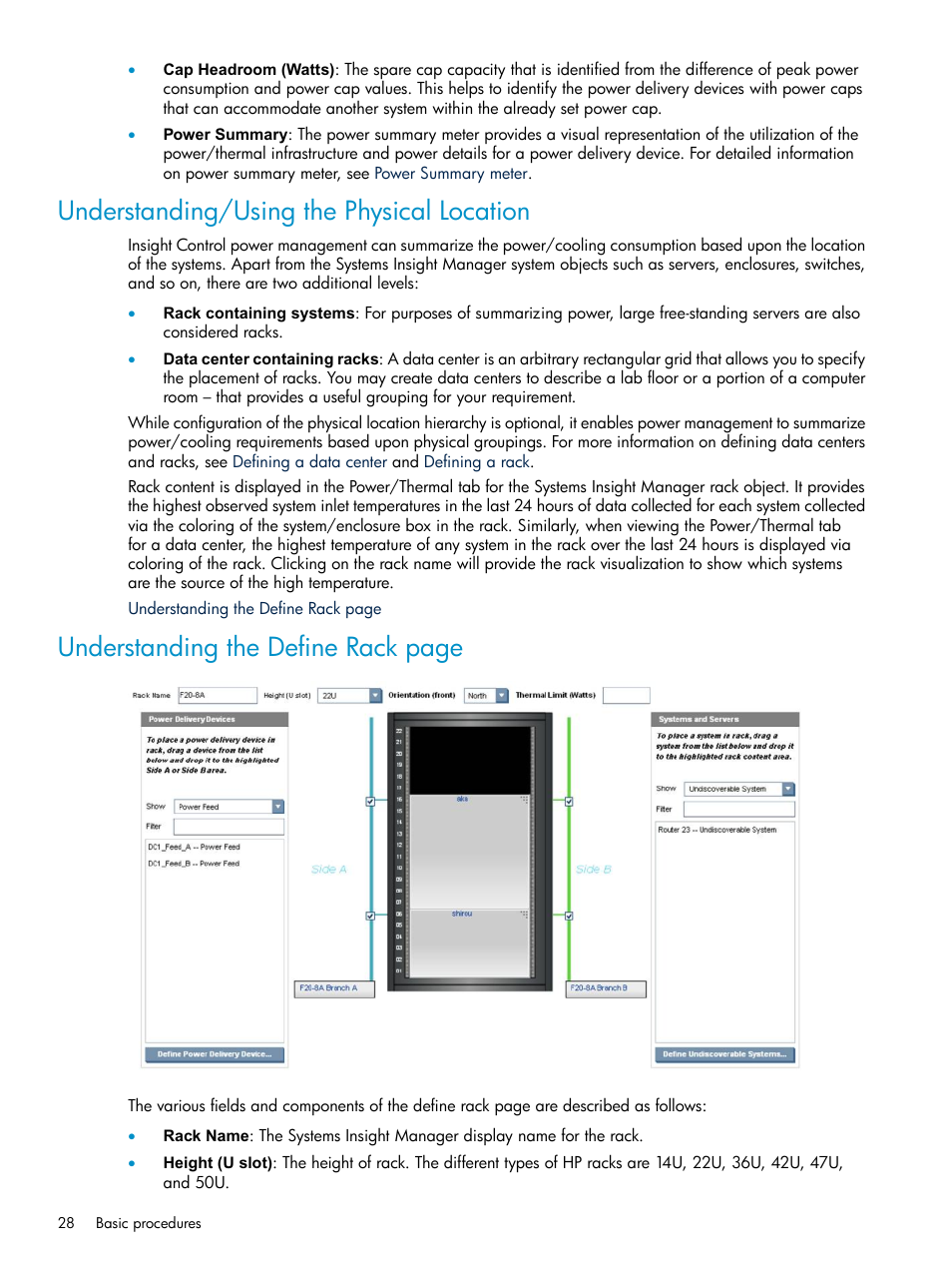 Understanding/using the physical location, Understanding the define rack page | HP Insight Control Software for Linux User Manual | Page 28 / 86