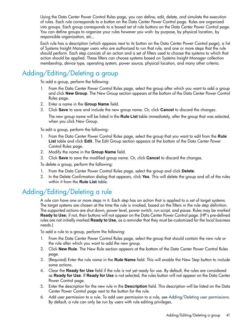 Adding/editing/deleting a group, Adding/editing/deleting a rule | HP Insight Control Software for Linux User Manual | Page 41 / 86