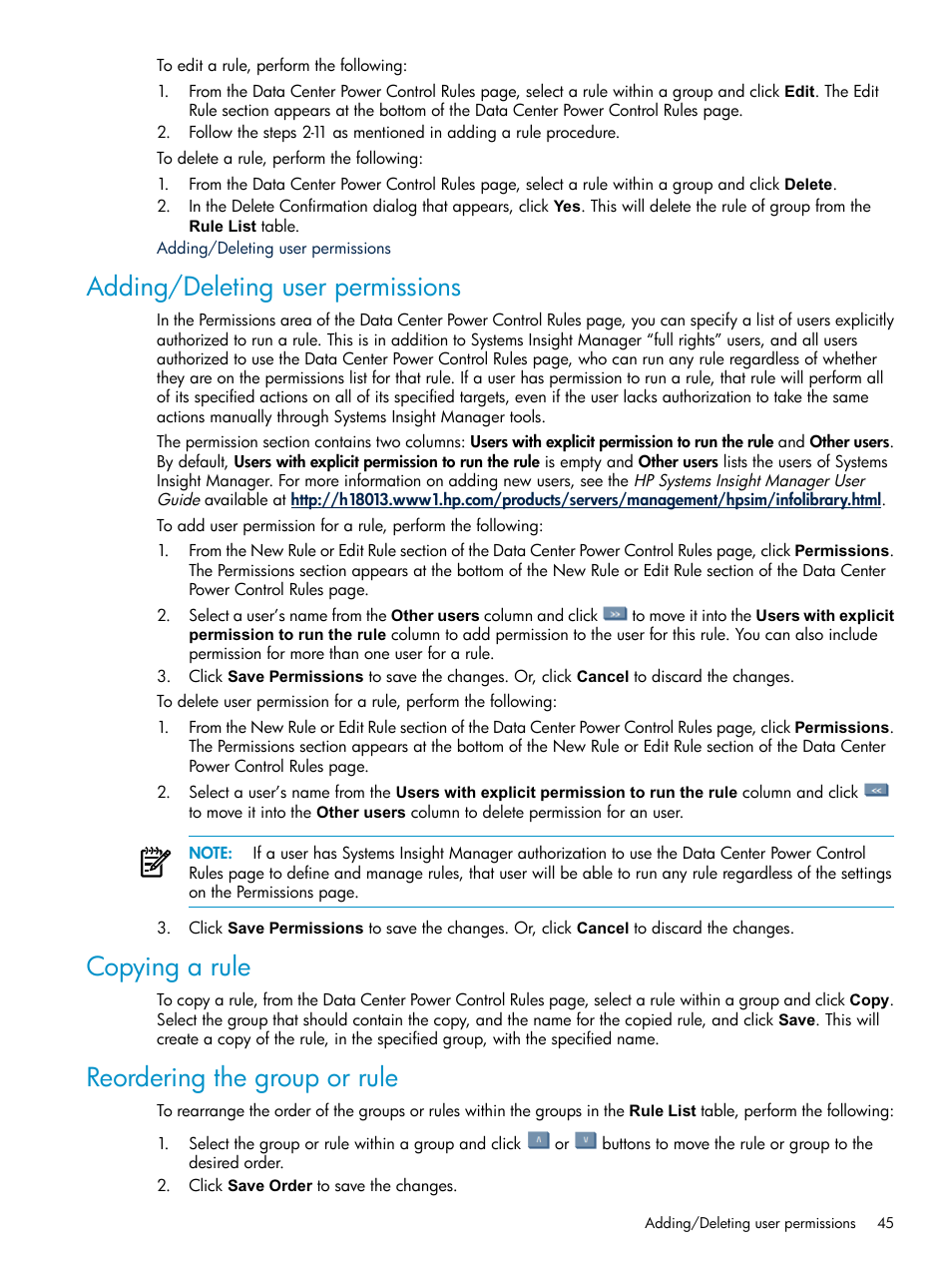 Adding/deleting user permissions, Copying a rule, Reordering the group or rule | HP Insight Control Software for Linux User Manual | Page 45 / 86