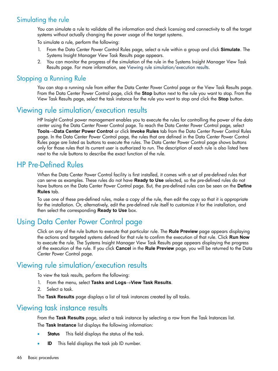 Simulating the rule, Stopping a running rule, Viewing rule simulation/execution results | Hp pre-defined rules, Viewing task instance results, Simulating the rule stopping a running rule, Using data center power control page | HP Insight Control Software for Linux User Manual | Page 46 / 86