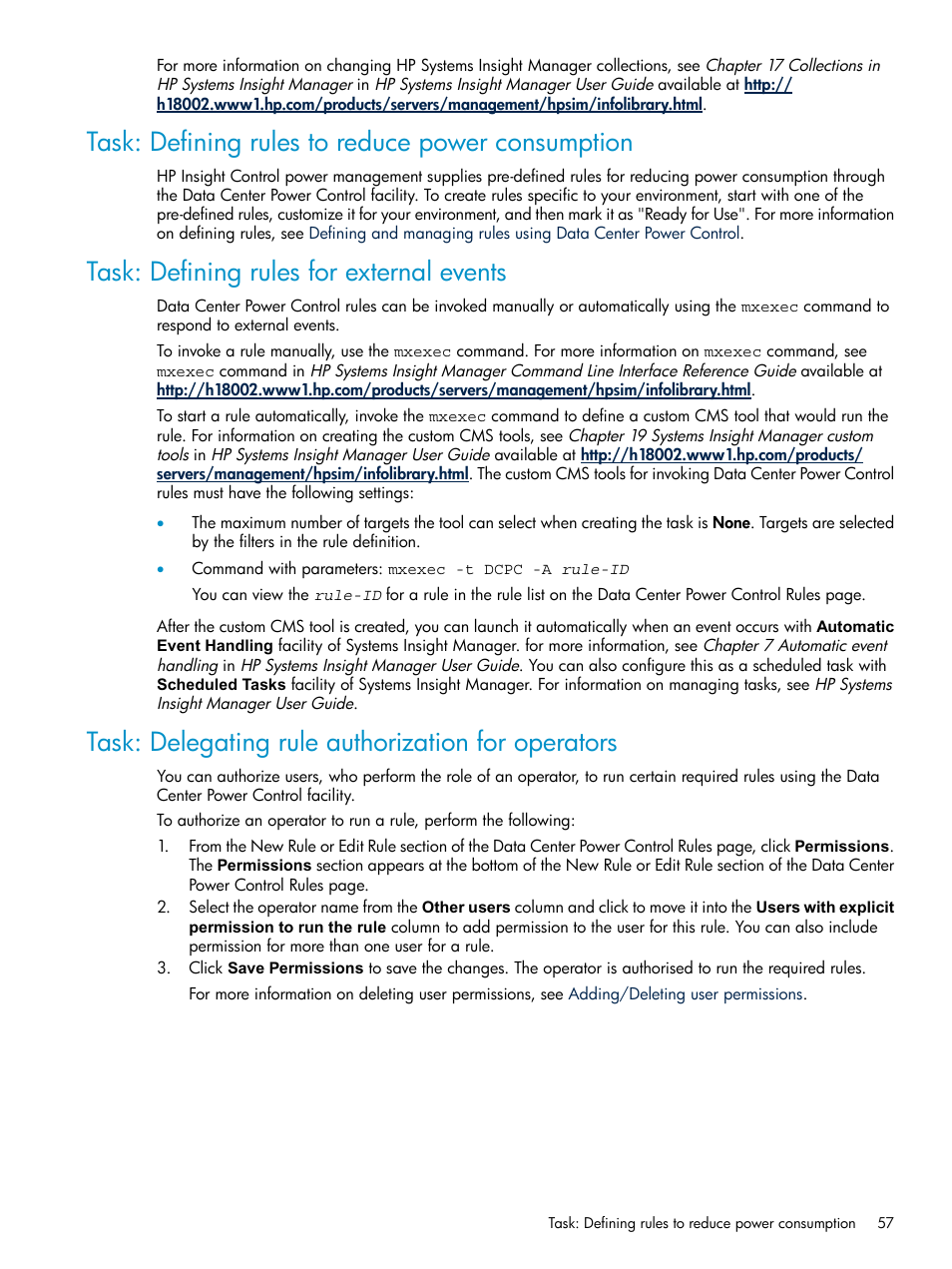 Task: defining rules to reduce power consumption, Task: defining rules for external events, Task: delegating rule authorization for operators | HP Insight Control Software for Linux User Manual | Page 57 / 86