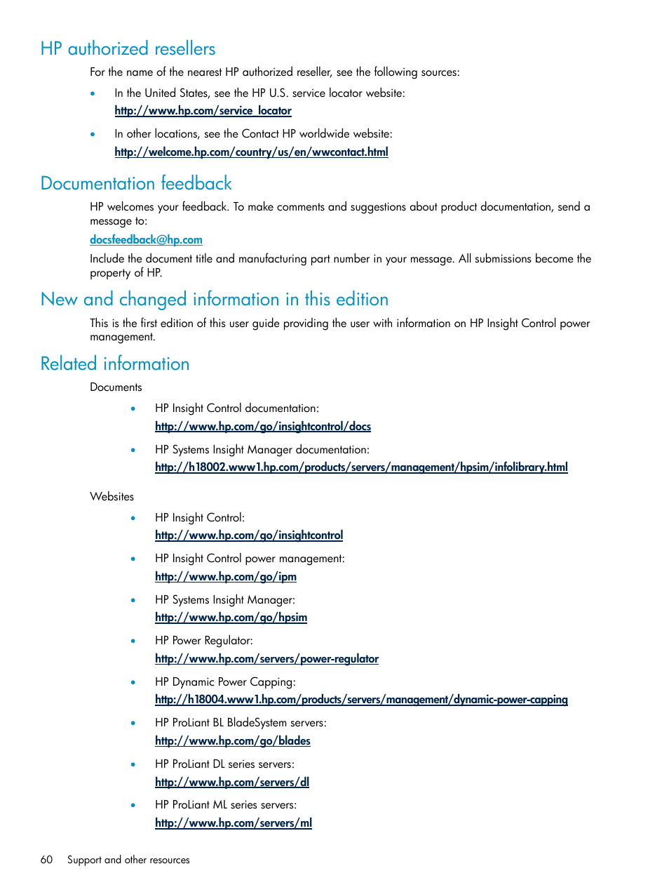 Hp authorized resellers, Documentation feedback, New and changed information in this edition | Related information | HP Insight Control Software for Linux User Manual | Page 60 / 86