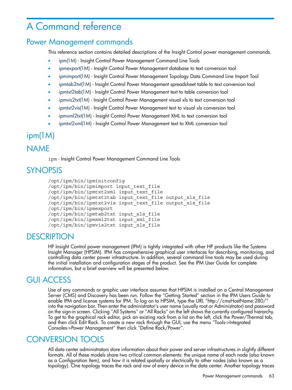 A command reference, Power management commands, Ipm(1m) | Name, Synopsis, Description, Gui access, Conversion tools, Power management commands ipm(1m), Ipm(1m) name | HP Insight Control Software for Linux User Manual | Page 63 / 86