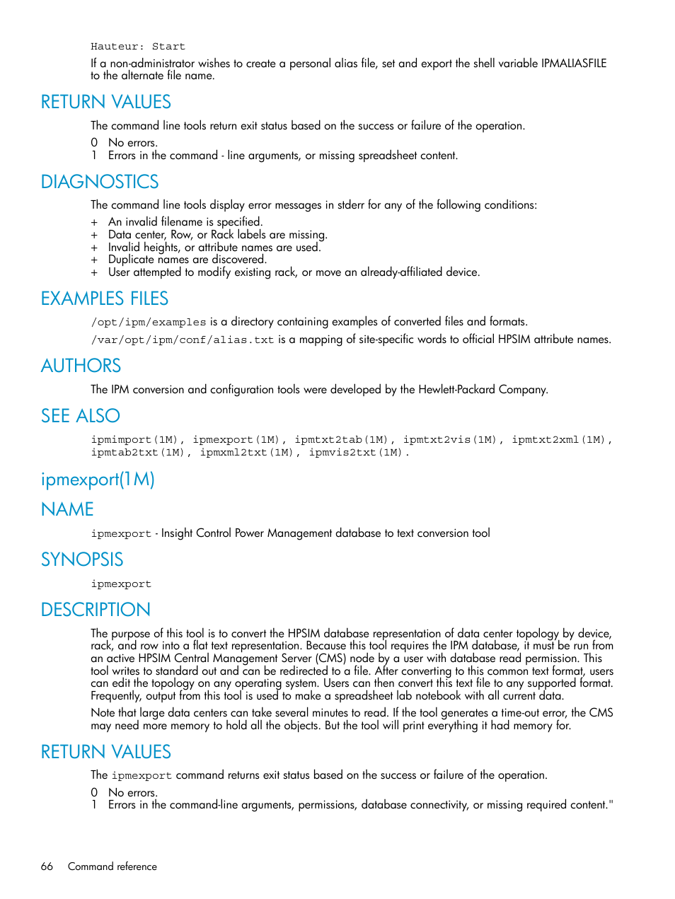 Return values, Diagnostics, Examples files | Authors, See also, Ipmexport(1m), Name, Synopsis, Description, Ipmexport(1m) name | HP Insight Control Software for Linux User Manual | Page 66 / 86