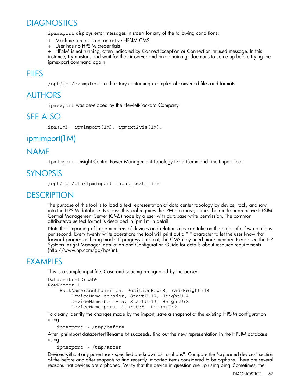 Diagnostics, Files, Authors | See also, Ipmimport(1m), Name, Synopsis, Description, Examples, Ipmimport(1m) name | HP Insight Control Software for Linux User Manual | Page 67 / 86