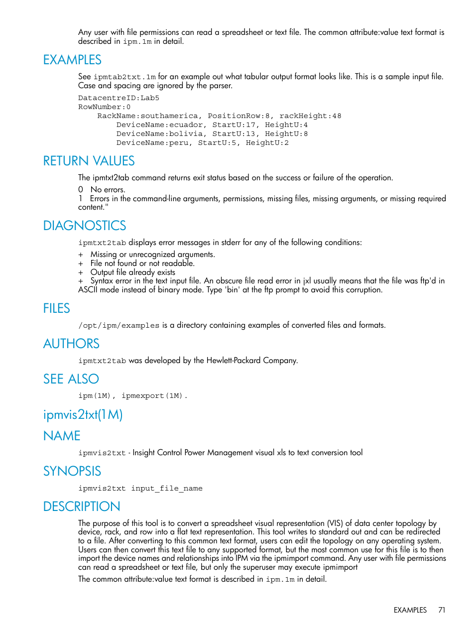 Examples, Return values, Diagnostics | Files, Authors, See also, Ipmvis2txt(1m), Name, Synopsis, Description | HP Insight Control Software for Linux User Manual | Page 71 / 86