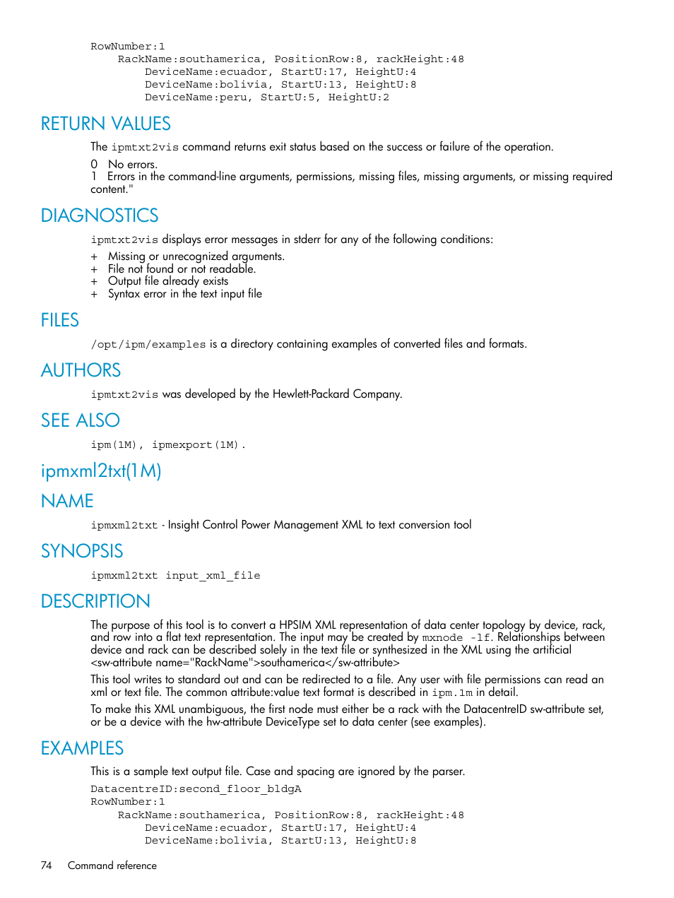 Return values, Diagnostics, Files | Authors, See also, Ipmxml2txt(1m), Name, Synopsis, Description, Examples | HP Insight Control Software for Linux User Manual | Page 74 / 86