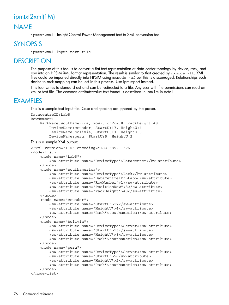 Ipmtxt2xml(1m), Name, Synopsis | Description, Examples, Ipmtxt2xml(1m) name | HP Insight Control Software for Linux User Manual | Page 76 / 86