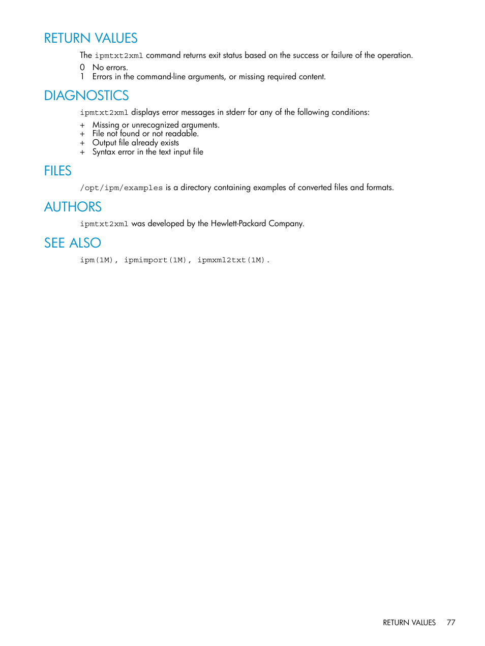 Return values, Diagnostics, Files | Authors, See also | HP Insight Control Software for Linux User Manual | Page 77 / 86