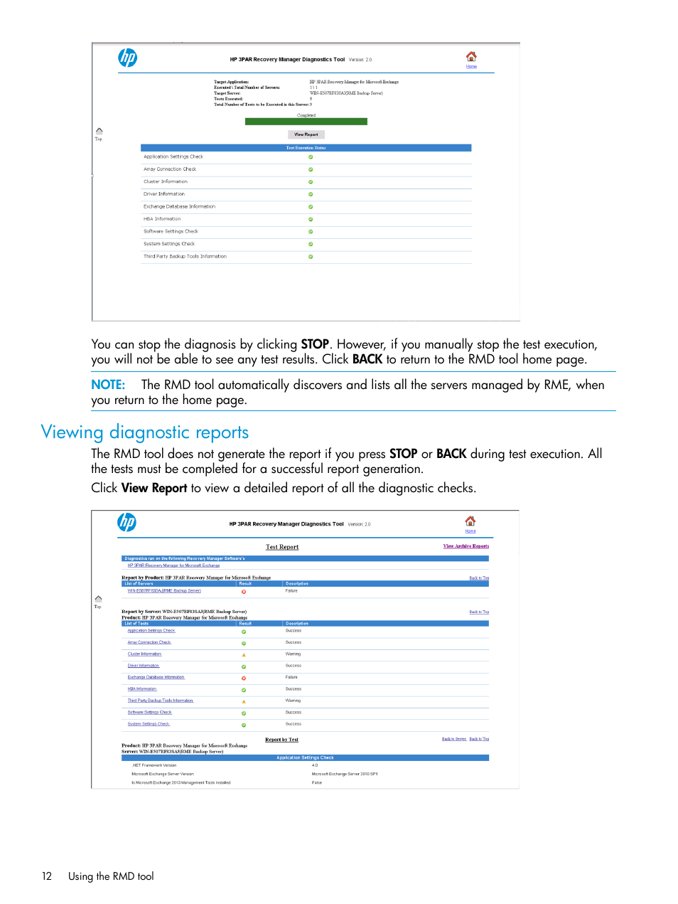 Viewing diagnostic reports | HP 3PAR Application Software Suite for Microsoft Exchange User Manual | Page 12 / 23