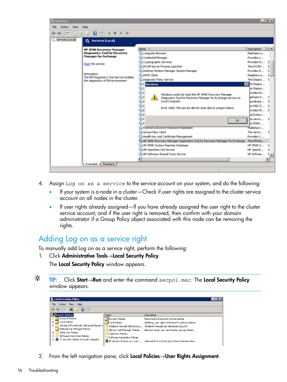 Adding log on as a service right | HP 3PAR Application Software Suite for Microsoft Exchange User Manual | Page 16 / 23