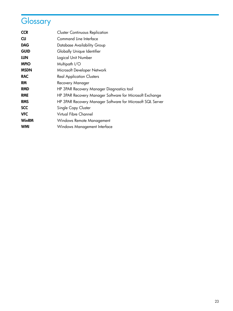 Glossary | HP 3PAR Application Software Suite for Microsoft Exchange User Manual | Page 23 / 23