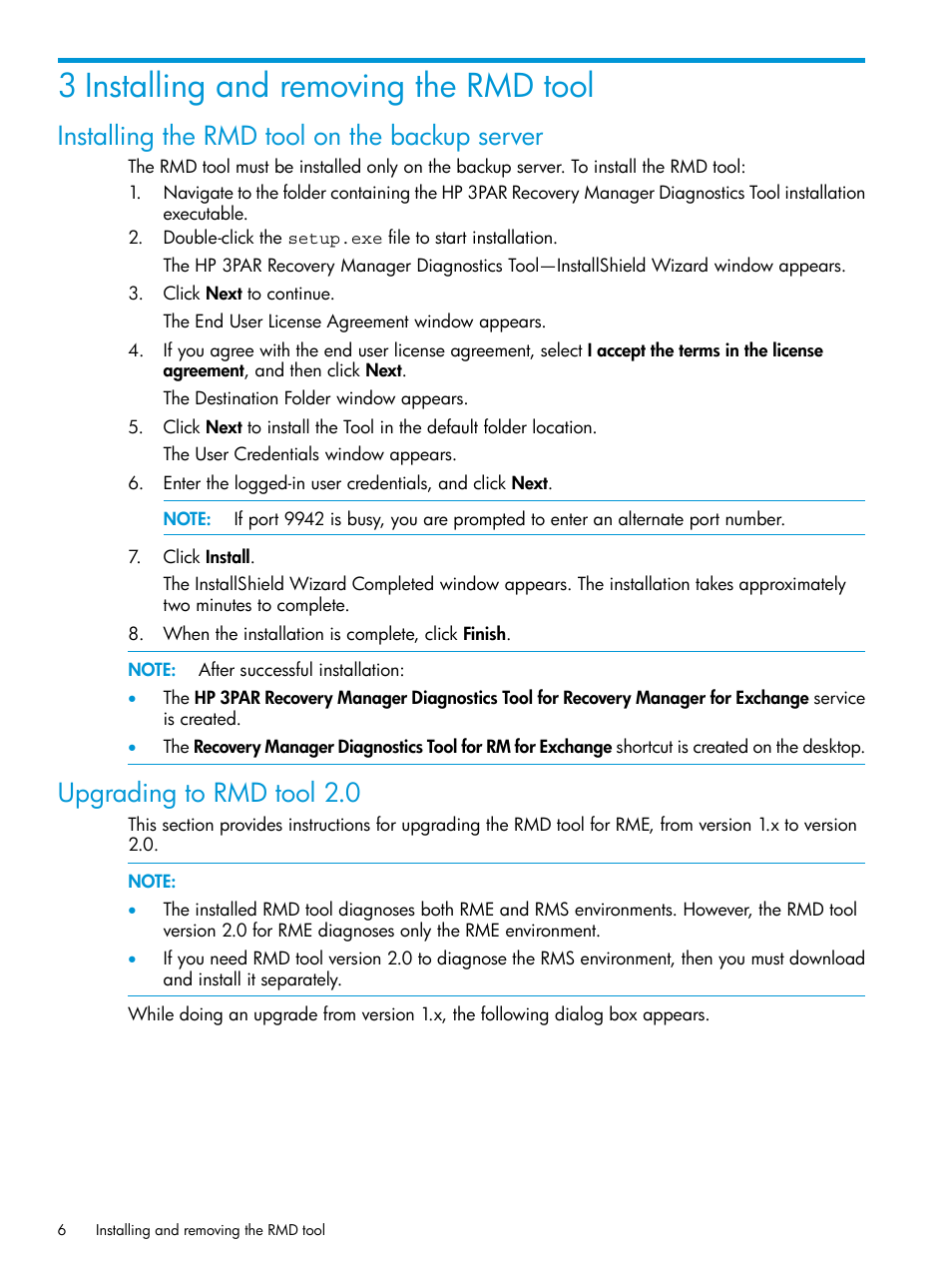 3 installing and removing the rmd tool, Installing the rmd tool on the backup server, Upgrading to rmd tool 2.0 | HP 3PAR Application Software Suite for Microsoft Exchange User Manual | Page 6 / 23