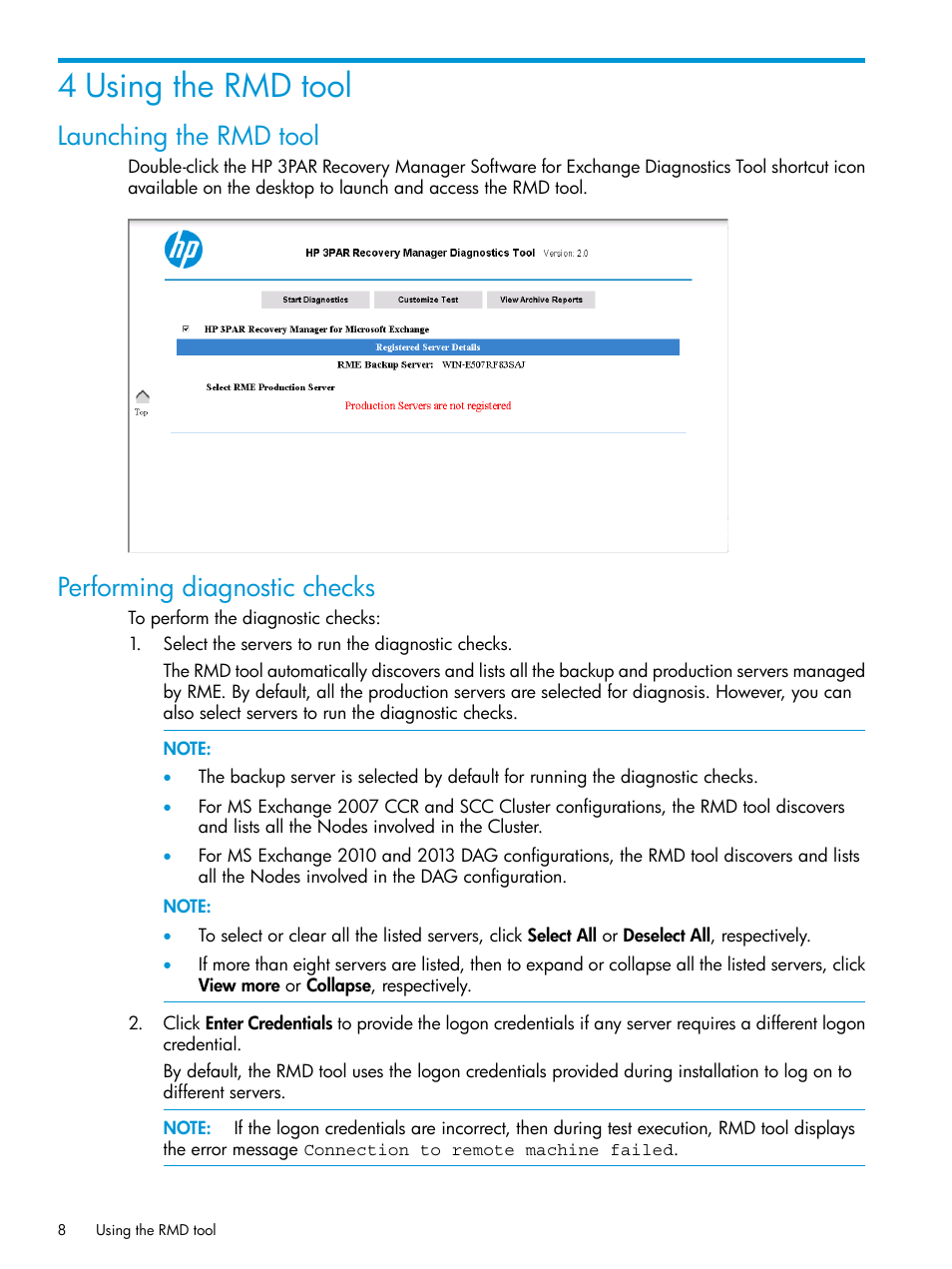 4 using the rmd tool, Launching the rmd tool, Performing diagnostic checks | HP 3PAR Application Software Suite for Microsoft Exchange User Manual | Page 8 / 23